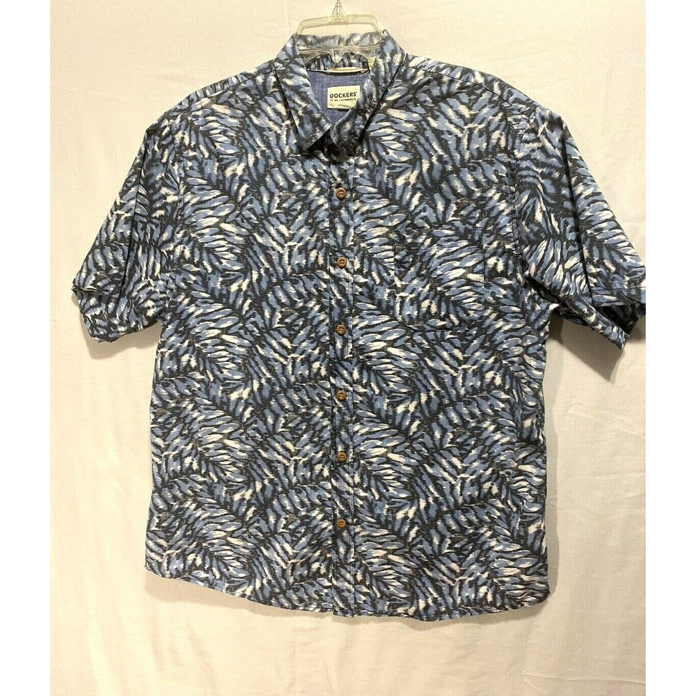 Dockers Hawiian Tropical Shirt L Men Blue White Floral Button Front Short Sleeve